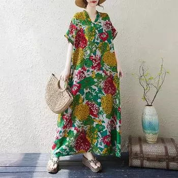 Dimanaf Новое летнее платье большого размера 2025 с цветочным принтом и V-образным вырезом для женщин, базовое повседневное платье с коротким рукавом, свободное длинное платье One Size зелёный
