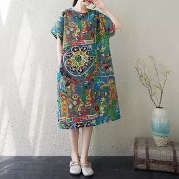 Dimanaf Новое летнее платье большого размера 2025 с принтом, женское базовое повседневное платье с коротким рукавом, свободное длинное платье One Size синий