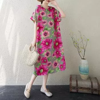 Dimanaf Новое летнее платье большого размера 2025 с принтом, женское базовое повседневное платье с цветочным принтом, с коротким рукавом, свободное длинное платье One Size розовый