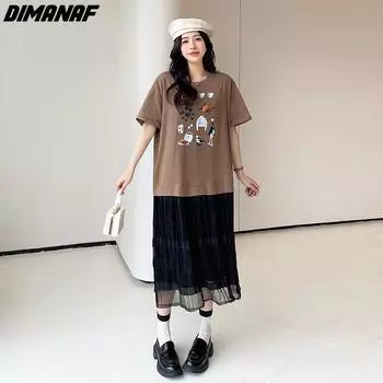 DIMANAF, новое летнее платье-рубашка больших размеров, женское хлопковое черное платье, модное повседневное свободное плиссированное длинное платье с короткими рукавами