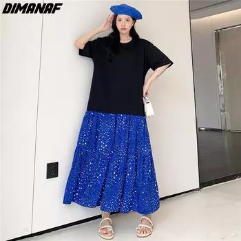 Dimanaf Новое летнее пляжное платье больших размеров, женское длинное платье, повседневное свободное сплайсированное хлопковое модное цветочное шифоновое платье XL чёрный