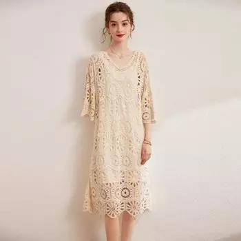 Dimanaf Новое летнее женское длинное трикотажное платье с рукавами, базовые модные кружевные платья, повседневные свободные 2025, белые One Size бежевый