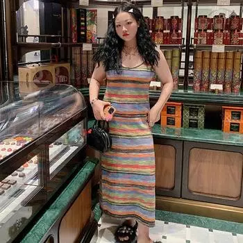 DIMANAF Новое летнее женское длинное трикотажное платье без рукавов в полоску большого размера с рукавами, базовые модные платья свободного покроя 2025 One Size