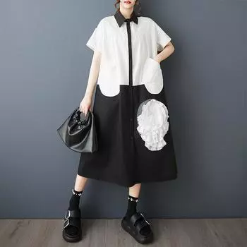 Dimanaf Новое Свободное Платье Большого Размера Базовое Женское 2025 Лето Повседневный Стиль Пуговицы Короткие Рукава Платье-Рубашка Макси One Size чёрный