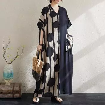 DIMANAF Новое женское 2025 года, летнее длинное повседневное платье в горошек, свободное хлопковое льняное винтажное базовое макси-платье One Size чёрный