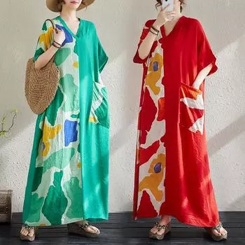 DIMANAF Новое женское 2025 года, летнее длинное повседневное платье с принтом, свободное хлопковое льняное винтажное базовое платье One Size красный