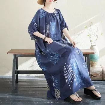 Dimanaf Новое женское 2025 года, летнее повседневное платье с принтом больших размеров, длинное платье, свободное, винтажное, базовое, плиссированное, макси One Size синий