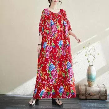 Dimanaf Новое женское 2025 года, летнее повседневное платье с цветочным принтом, длинное платье, свободное, винтажное, базовое, плиссированное, макси One Size красный
