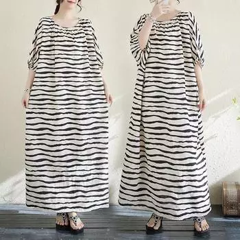 Dimanaf Новое женское 2025 года, летнее повседневное платье в полоску, длинное платье, свободное, винтажное, базовое, плиссированное, макси One Size белый