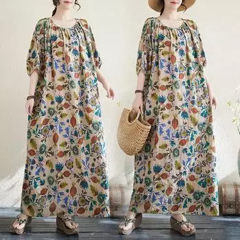 DIMANAF Новое женское 2025 года, повседневное летнее платье больших размеров с цветочным принтом, винтажное длинное платье, свободное, базовое, плиссированное, макси One Size жёлтый