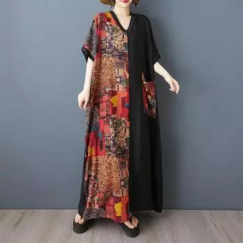 Dimanaf Новое женское летнее длинное повседневное платье 2025 года большого размера, свободное льняное винтажное базовое макси-платье 9857 One Size