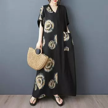 Dimanaf Новое женское летнее длинное повседневное платье 2025 года большого размера, свободное льняное винтажное базовое макси-платье 9859 One Size