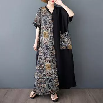 Dimanaf Новое женское летнее длинное повседневное платье 2025 года большого размера, свободное льняное винтажное базовое макси-платье 9838 One Size