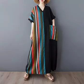Dimanaf Новое женское летнее длинное повседневное платье 2025 года большого размера, свободное льняное винтажное базовое макси-платье 9840 One Size