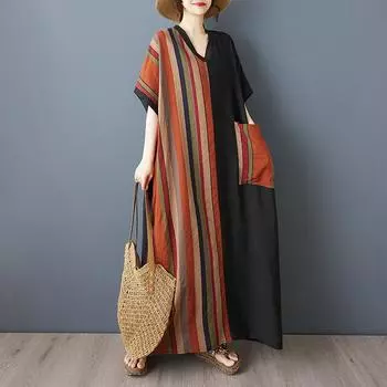 Dimanaf Новое женское летнее длинное повседневное платье 2025 года большого размера, свободное льняное винтажное базовое макси-платье 9862 One Size