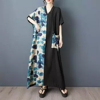 Dimanaf Новое женское летнее длинное повседневное платье 2025 года большого размера, свободное льняное винтажное базовое макси-платье 9858 One Size