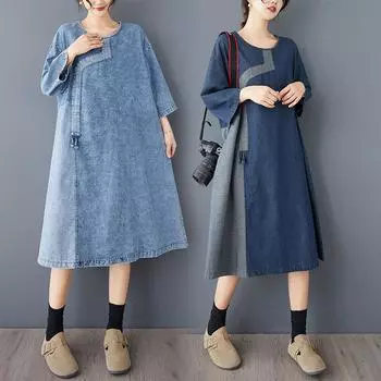DIMANAF Новое женское летнее джинсовое платье 2025 года больших размеров с винтажным круглым вырезом, элегантное свободное синее базовое платье макси L темно-синий