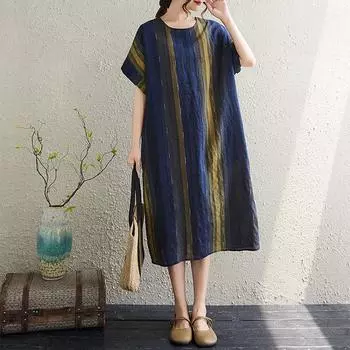 Dimanaf Новое женское летнее платье большого размера 2025 года, базовое повседневное платье с коротким рукавом в полоску, свободное винтажное платье One Size синий