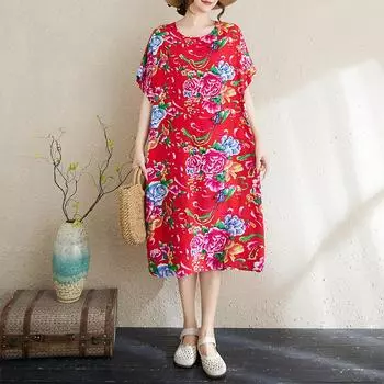 Dimanaf Новое женское летнее платье большого размера 2025 года, базовое повседневное платье с коротким рукавом, цветочное свободное винтажное платье One Size красный