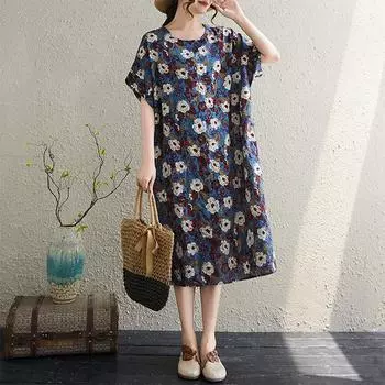 Dimanaf Новое женское летнее платье большого размера с цветочным принтом, базовое повседневное платье с коротким рукавом, свободное винтажное платье с принтом One Size синий