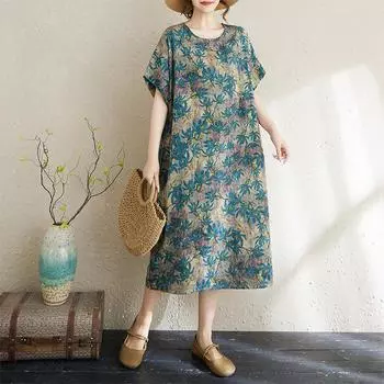 Dimanaf Новое женское летнее платье большого размера 2025 года, базовое повседневное платье с коротким рукавом, свободное винтажное платье One Size синий
