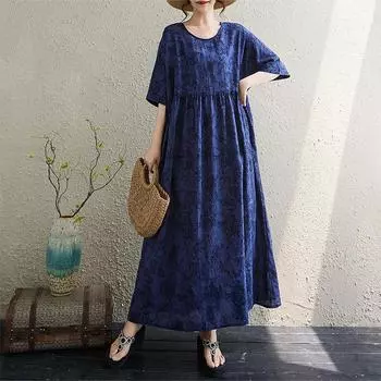 Dimanaf Новое женское летнее платье большого размера 2025 года, базовое повседневное льняное платье с коротким рукавом, свободное винтажное платье One Size синий