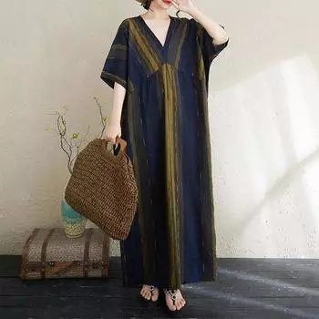 Dimanaf Новое женское летнее платье большого размера 2025 с V-образным вырезом, базовое повседневное платье из льна с коротким рукавом, свободное длинное платье One Size синий