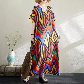 Dimanaf Новое женское летнее повседневное платье 2025 года больших размеров из хлопка и льна, винтажное свободное базовое длинное платье макси-праздник One Size красный