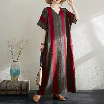 DIMANAF Новое женское летнее повседневное платье 2025 года больших размеров из хлопка и льна, винтажное свободное базовое длинное платье в полоску макси One Size красный