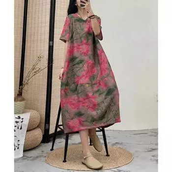 DIMANAF/Новое женское летнее стильное платье больших размеров 2024, с v-образным вырезом и цветочным принтом, свободное платье, льняные базовые платья 05