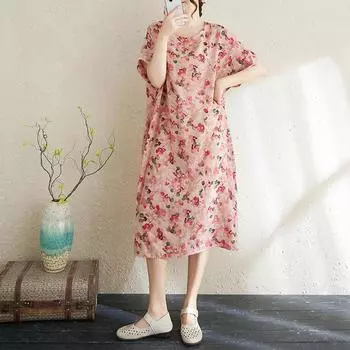 Dimanaf Новое женское летнее винтажное платье больших размеров 2025 года, базовое платье с цветочным принтом, повседневное платье с коротким рукавом, свободное платье One Size розовый