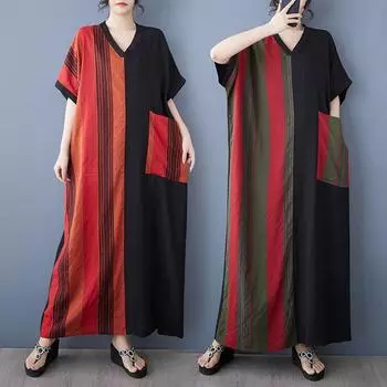 Dimanaf Новое женское платье 2025 года больших размеров, летнее, длинное, повседневное, в полоску, с V-образным вырезом, свободное, винтажное, базовое, макси-платье One Size красный