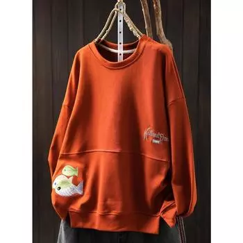 DIMANAF Новые 2024 Женские толстовки и свитшоты с вышивкой и принтом на весь рукав с круглым вырезом Осенние базовые топы Футболка Новый пуловер One Size жёлтый