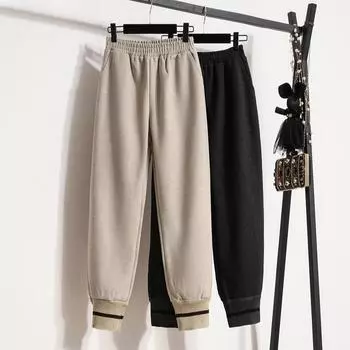 DIMANAF Новые осенне-зимние женские брюки больших размеров, мягкие свободные повседневные длинные брюки из толстой хлопчатобумажной шерсти, однотонные шаровары M чёрный