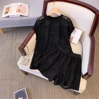 DIMANAF Новый костюм 2025 Женский Вязаный Пляжный Короткий рукав Кружево Короткие шорты Ажурный Сексуальный О-образный вырез Летний стиль Топы Футболки Свободный Базовый M чёрный