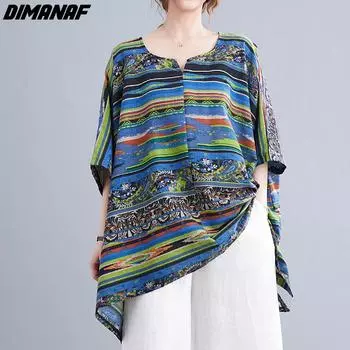DIMANAF, осень 2022, блузка, повседневная женская футболка, женский винтажный топ, свободный топ в полоску «летучая мышь», большой размер One Size синий