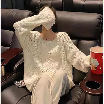 DIMANAF осень 2023, женские свитера, зимний пуловер, топы, женские шерстяные трикотажные футболки с круглым вырезом и бисером, базовые однотонные футболки One Size коричневый