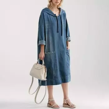 Dimanaf Осень-зима 2024, повседневное женское платье из плотного хлопка, джинсовая синяя женская одежда, свободная одежда больших размеров, с длинными рукавами, винтажные карманы с капюшоном