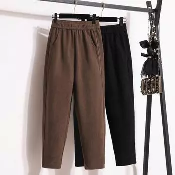 DIMANAF осень зима плюс размер женская одежда шаровары оверсайз брюки длинные брюки эластичный пояс винтаж повседневная женская свободная 2025 L чёрный