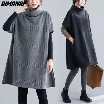 DIMANAF осенне-зимнее платье больших размеров, водолазка, летучая мышь, большие размеры, хлопковое модное элегантное женское повседневное свободное платье, однотонная женская одежда