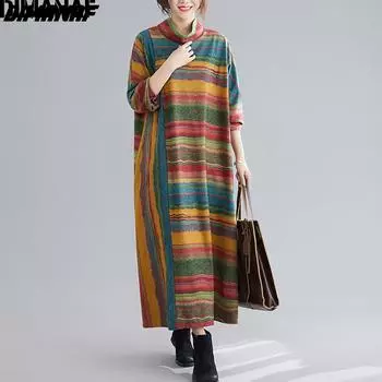 DIMANAF осенне-зимнее платье с длинными рукавами, водолазка больших размеров, полосатое хлопковое плотное винтажное женское свободное платье макси, женская одежда One Size зелёный