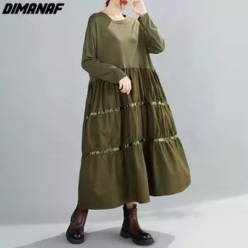 DIMANAF осенне-зимнее платье с длинными рукавами большого размера, плиссированное трапециевидное хлопковое модное элегантное женское повседневное свободное платье, женская одежда