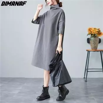 DIMANAF осенне-зимнее платье с длинными рукавами, водолазка больших размеров, хлопковое модное элегантное женское повседневное свободное платье, однотонная женская одежда