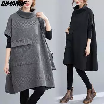 DIMANAF осенне-зимнее платье с воротником «летучая мышь», большие размеры, хлопковое модное элегантное женское повседневное свободное платье, однотонная женская одежда