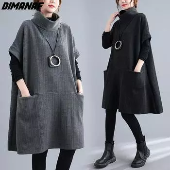 DIMANAF осенне-зимнее платье, водолазка с воротником «летучая мышь», большие размеры, хлопковое черное элегантное женское повседневное свободное платье, однотонная женская одежда