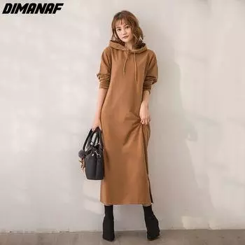 DIMANAF, осенне-зимние толстовки большого размера, женские элегантные женские длинные толстовки, платье, однотонное свободное корейское повседневное винтажное платье, женское
