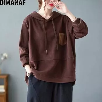 DIMANAF осенне-зимний пуловер, женская одежда, толстовки, свободные повседневные хлопковые женские топы с капюшоном, большие размеры, с длинным рукавом
