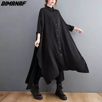 DIMANAF Осеннее платье Женская одежда Платье-рубашка Oversize Хлопок Элегантный женский повседневный свободный винтажный кардиган с длинными рукавами Черный One Size чёрный