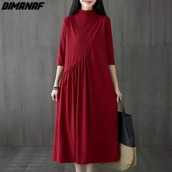 DIMANAF осеннее платье женское полуплатье с высоким воротником элегантное модное женское повседневное свободное однотонное платье 2021 новое черное красное платье макси