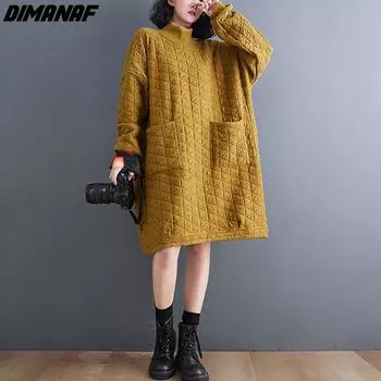 DIMANAF осеннее стильное женское платье с воротником и длинным рукавом в клетку с принтом свободное хлопковое платье 2022 новые платья